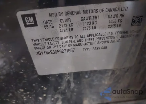 2015 Chevrolet Impala 2Lz из США, поврежденный, VIN 2G1165S33F9271567